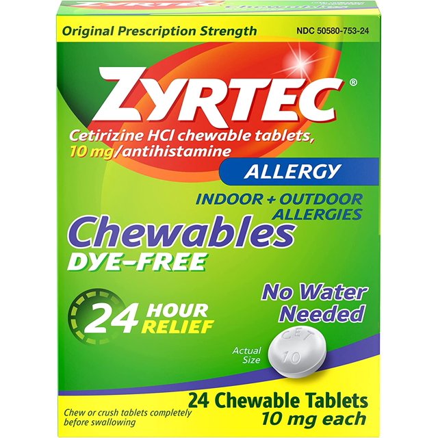 Zyrtec 24 Hour Allergy Relief, DyeFree Chewable Tablets, Fast Acting
