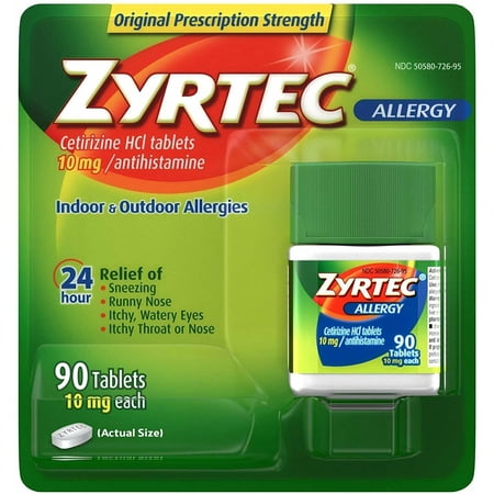 Zyrtec 24 Hour Allergy Relief Tablets, 10 mg Cetirizine HCl Antihistamine Allergy Medicine 90 ct (Pack of 3)