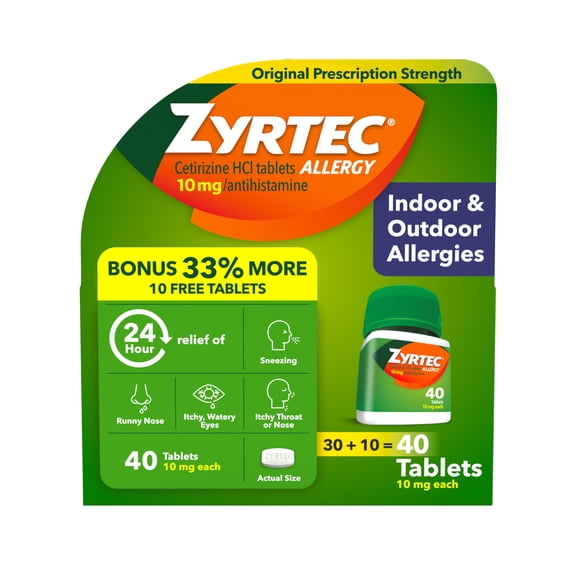 Zyrtec 24 Hour Allergy Relief Tablets, 40 Count Bonus Pack