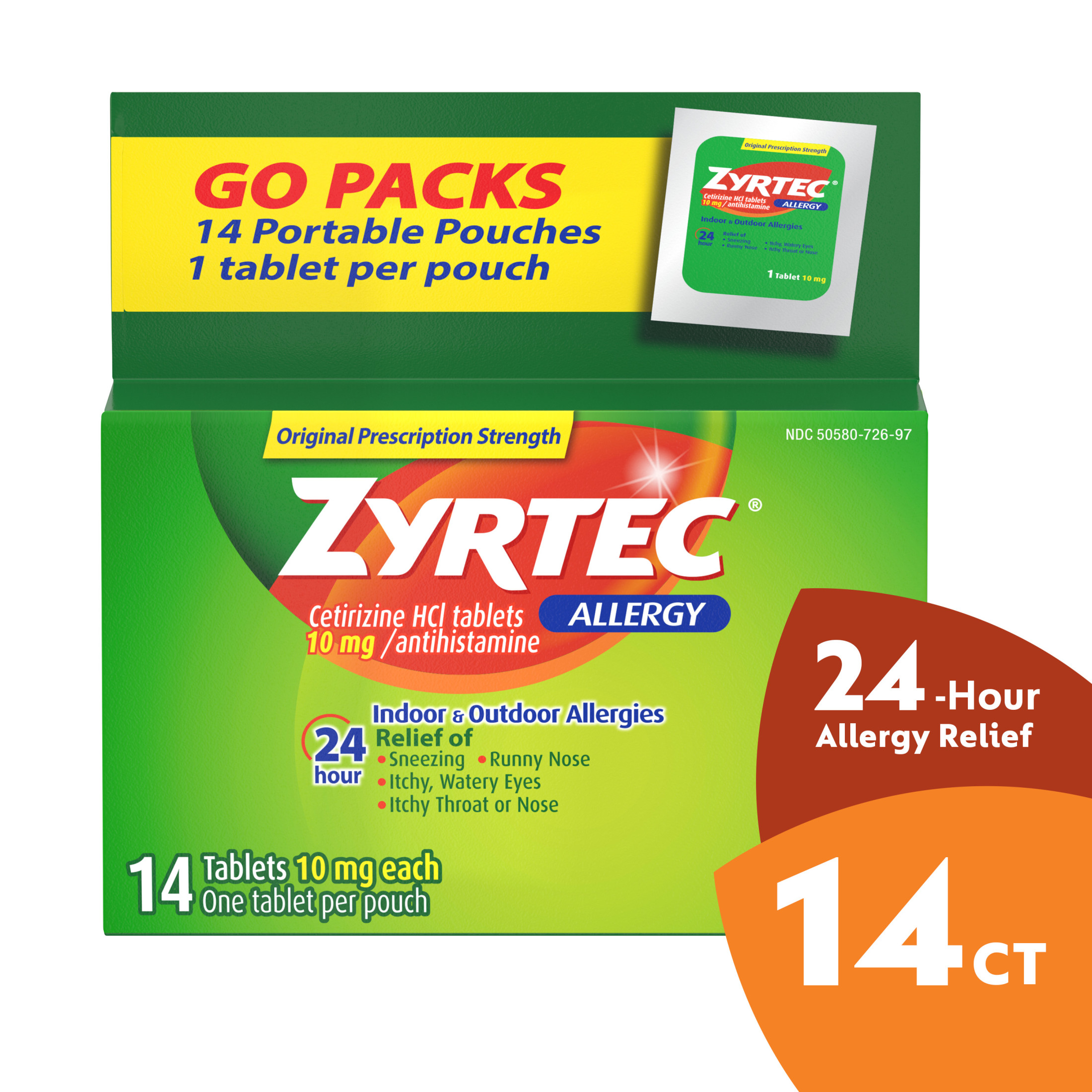 Zyrtec 24 Hour Allergy Relief Tablets, Cetirizine HCl, 14 Ct, (14 x 1 Ct) - image 1 of 8