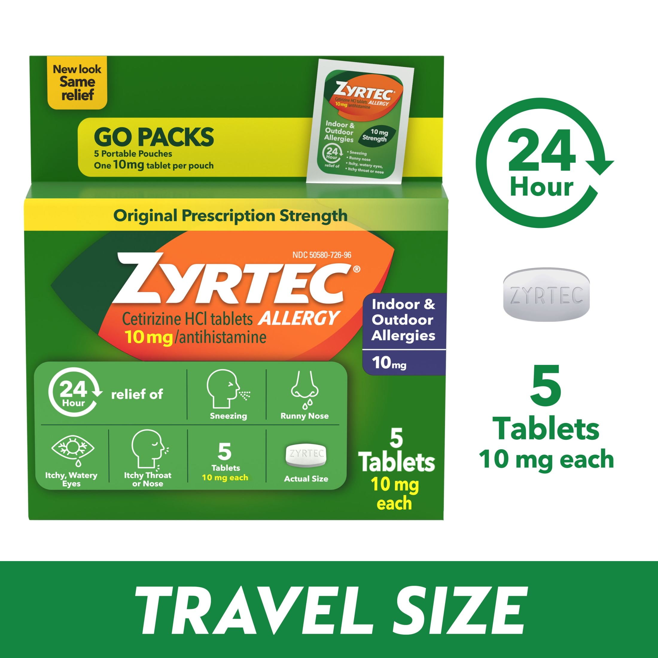 Zyrtec 24 Hour Cetirizine HCl Allergy Relief Tablets, 5 x 1 Ct Packs