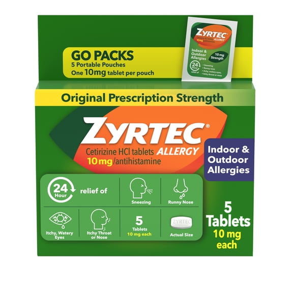 Zyrtec 24 Hour Cetirizine HCl Allergy Relief Tablets, 5 x 1 Count Packs