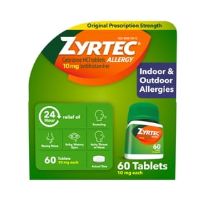 Zyrtec 24 Hour Allergy Medicine Tablets, 10 mg Cetirizine HCl Antihistamine, 60 Count