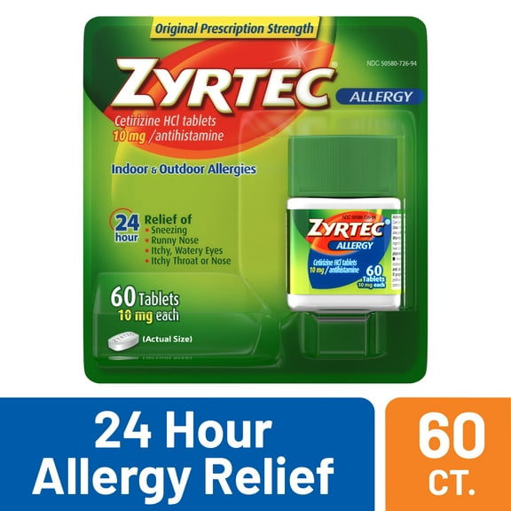 Zyrtec 24 Hour Allergy Relief Tablets with 10 mg Cetirizine HCl, 60 Ct