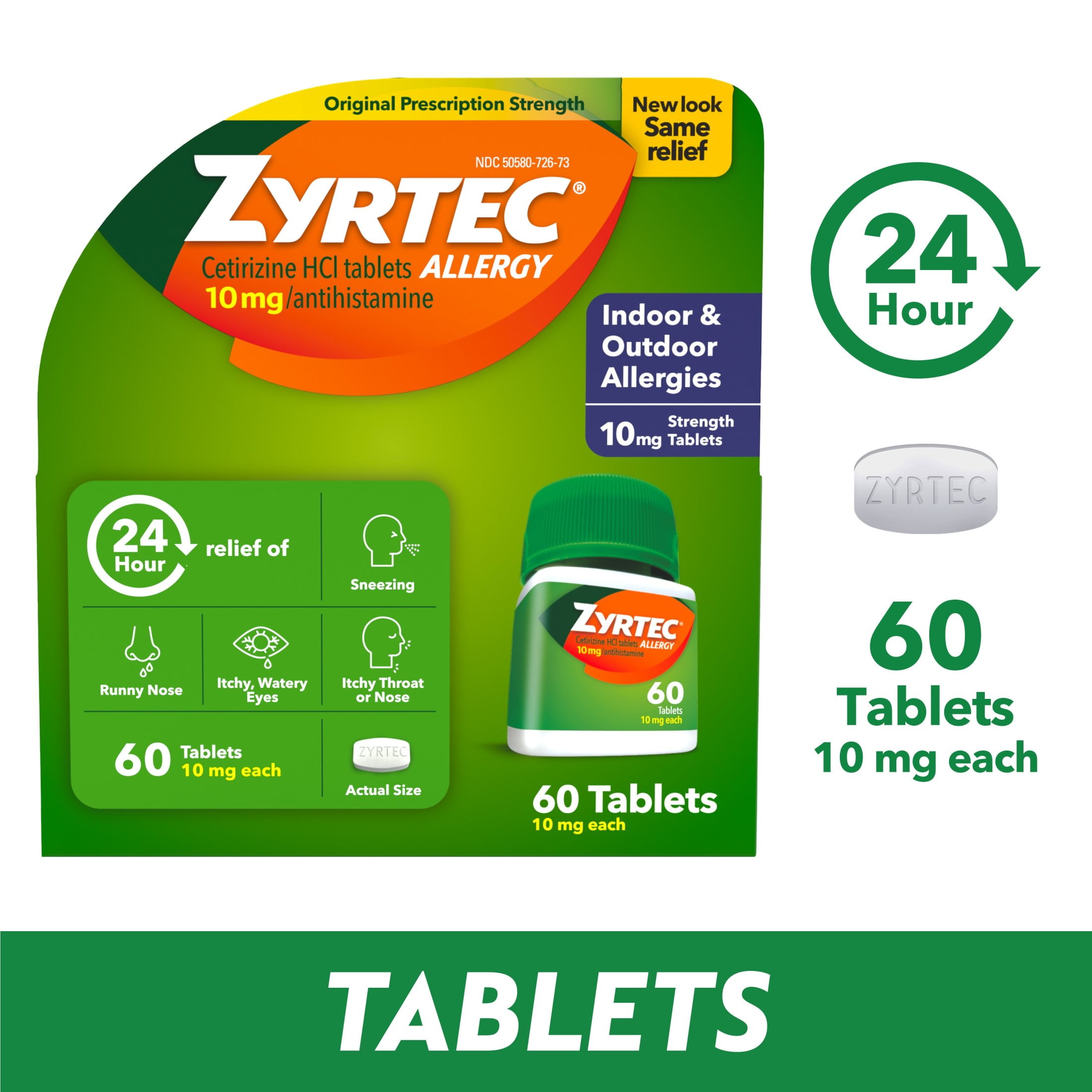Zyrtec 24 Hour Allergy Relief Tablets with 10 mg Cetirizine HCl, 60 Ct