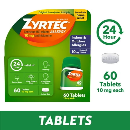 Zyrtec 24 Hour Allergy Relief Tablets with 10 mg Cetirizine HCl, 60 Ct