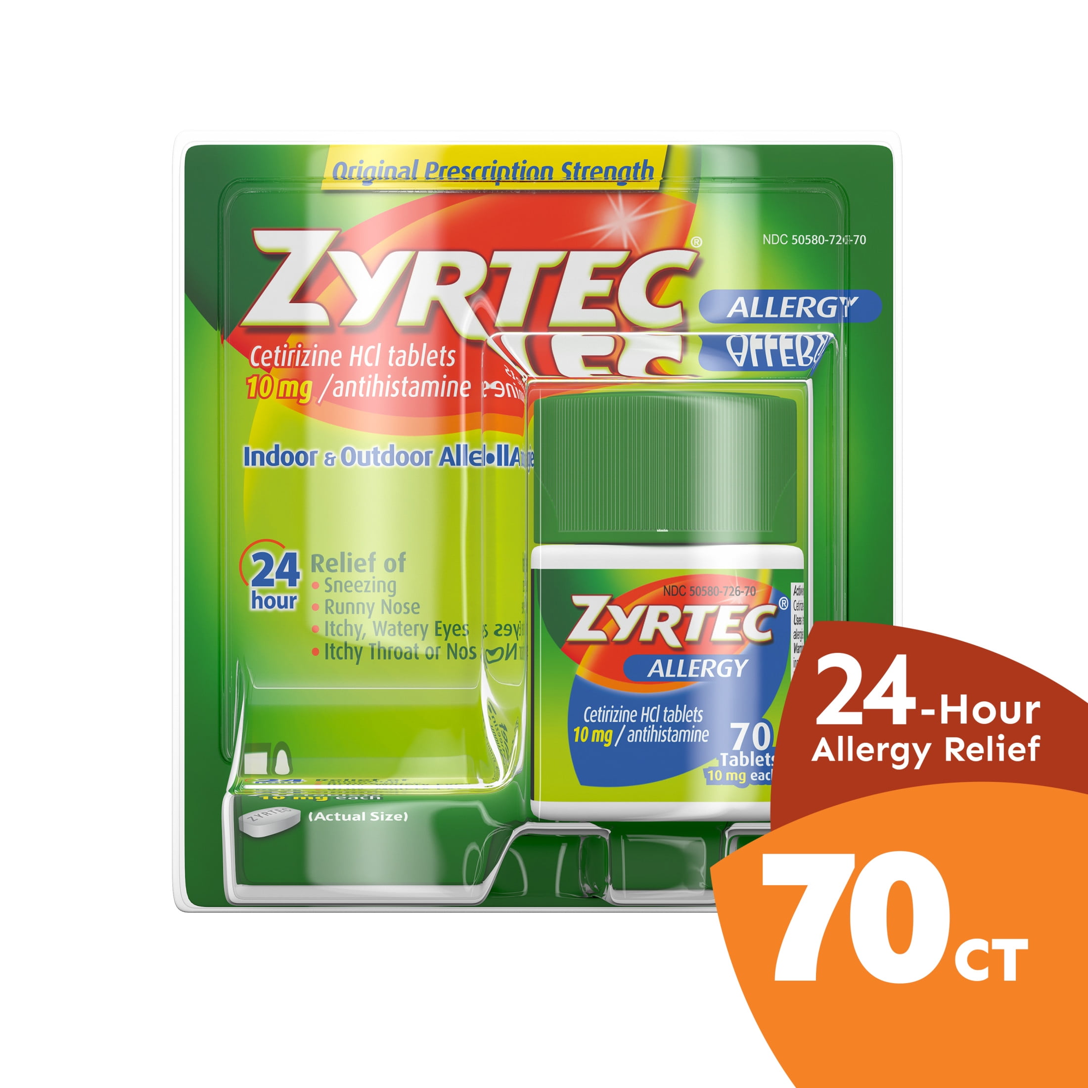 Zyrtec 24 Hour Allergy Relief Tablets with 10 mg Cetirizine HCl, 70 ct