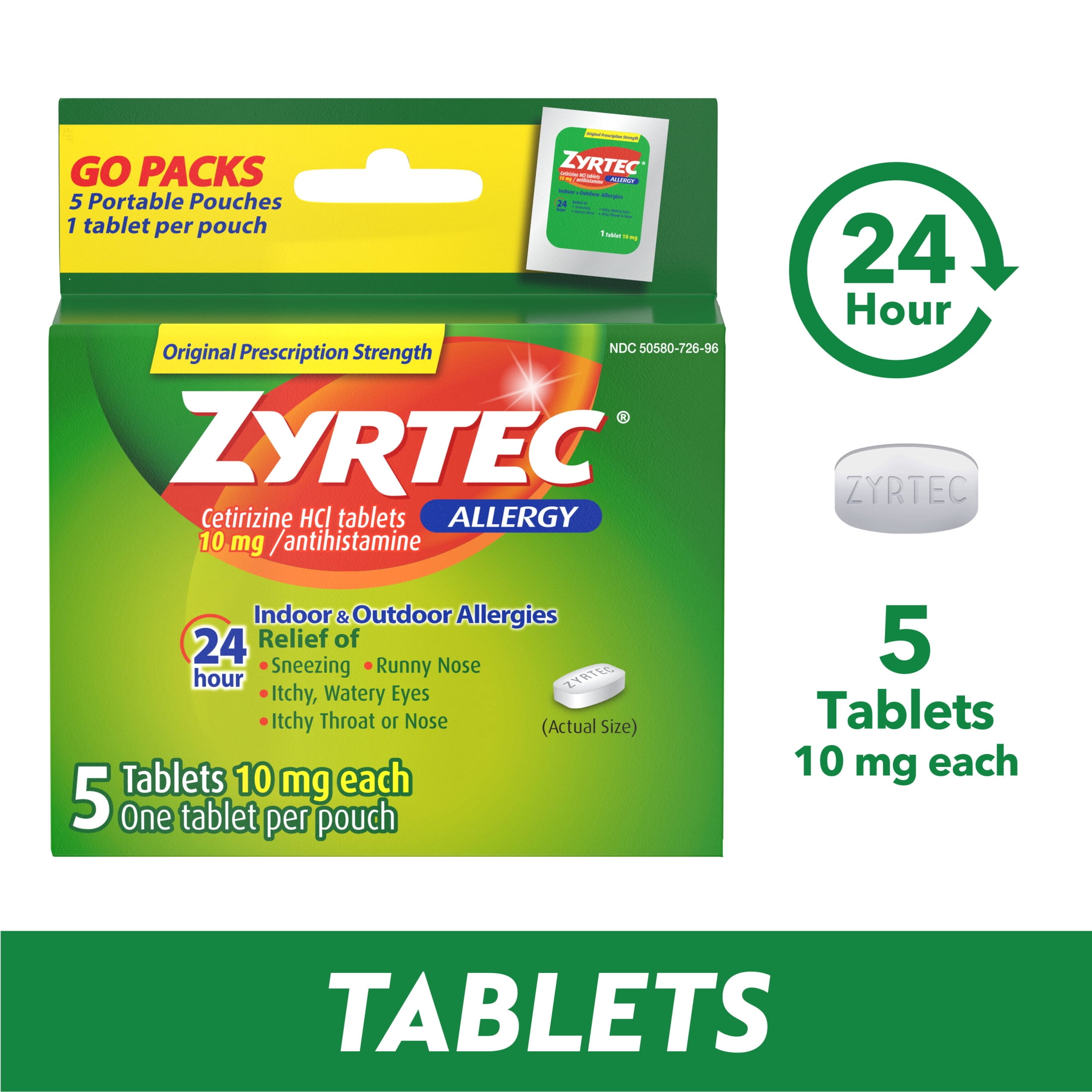 Zyrtec 24 Hour Allergy Relief Tablets, Cetirizine HCl, 5 Ct, (5 x 1 Ct)