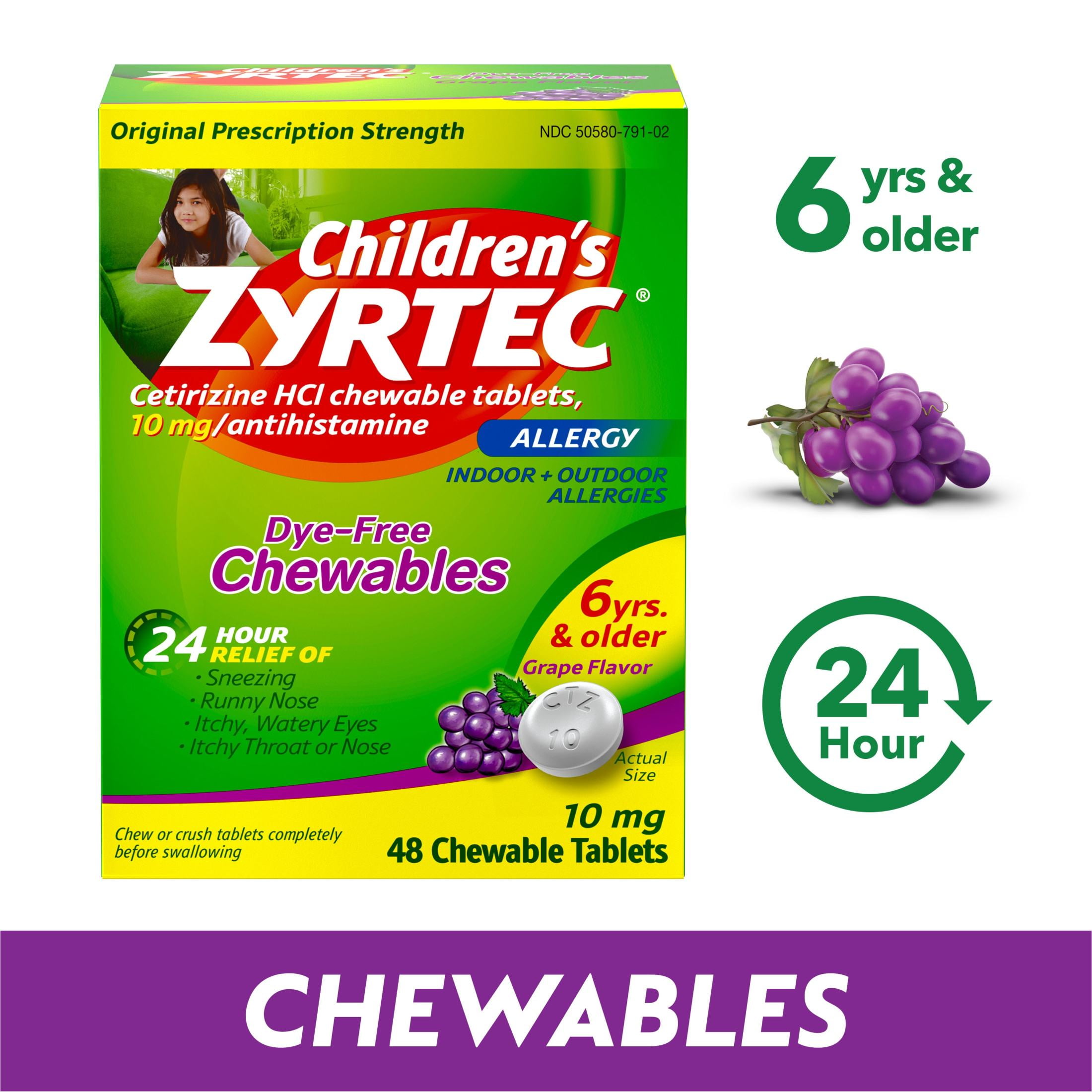 Children's Zyrtec 24 Hour 10mg Allergy Chews for Ages 6+, Grape, 48 Ct