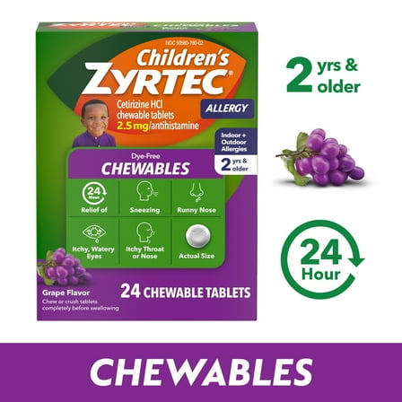Children's Zyrtec 24 Hr 2.5 mg Allergy Chews for Ages 2+, Grape, 24 Count