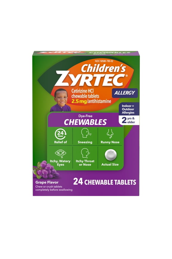 Children's Zyrtec 24 Hr 2.5 mg Allergy Chews for Ages 2+, Grape, 24 Count
