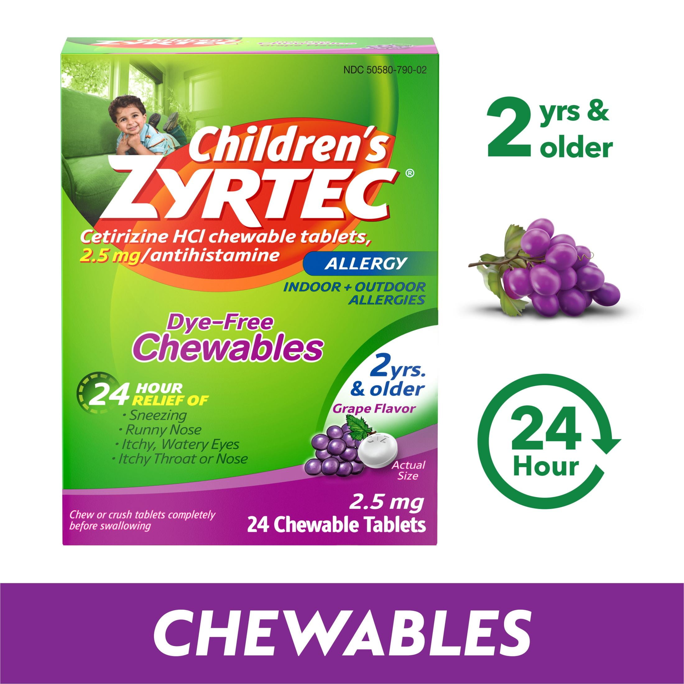 Zyrtec 24 Hour Children's Allergy Chews, 2+ yrs, 2.5 mg Grape, 24 Ct