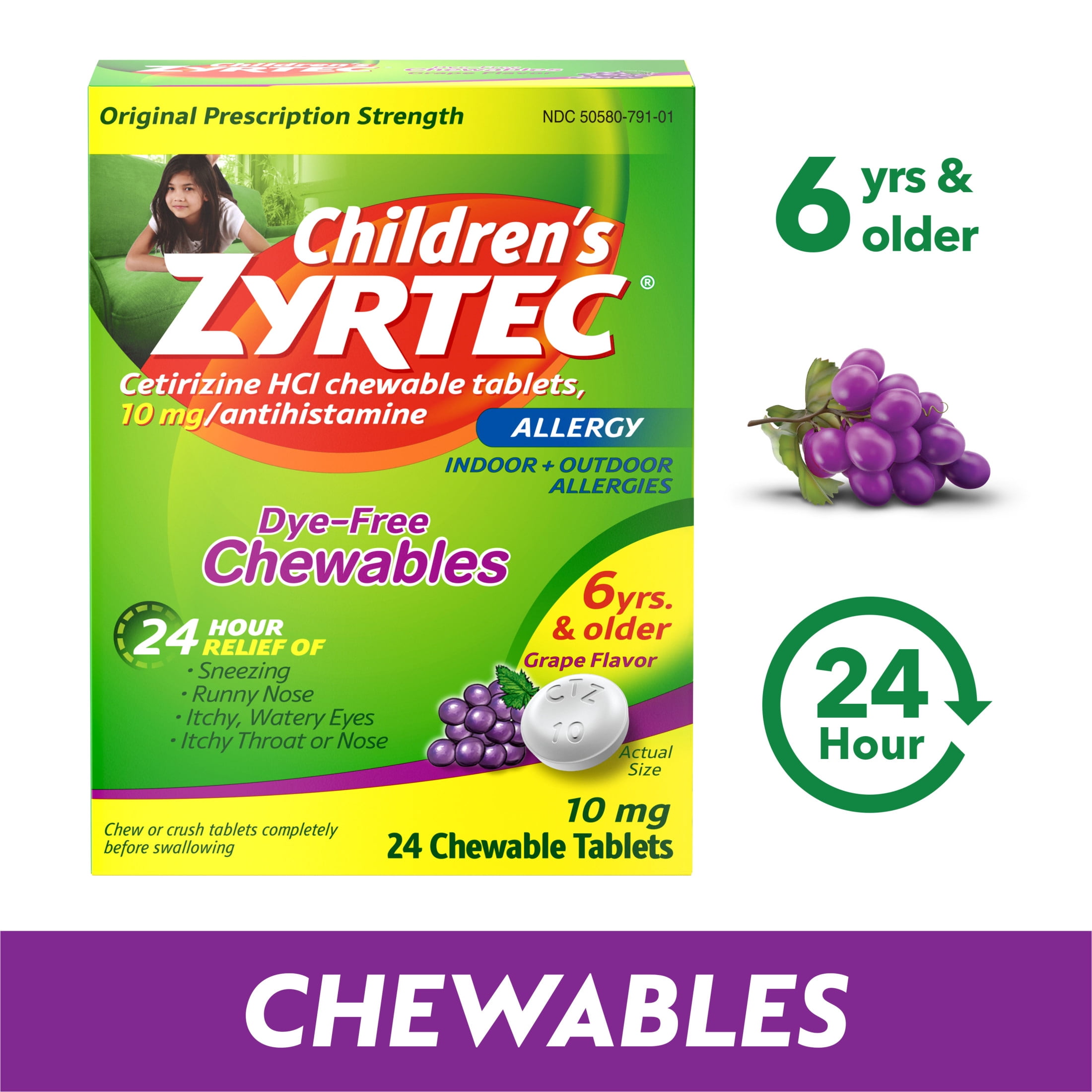 Zyrtec 24 Hour Children's Allergy Chews, 6+ yrs, 10 mg Grape, 24 Ct