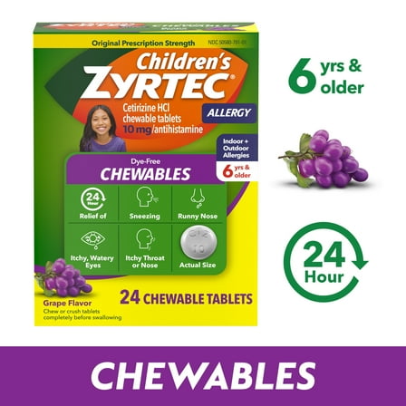 Children's Zyrtec 24 Hr 10 mg Allergy Chews for Ages 6+, Grape, 24 Count