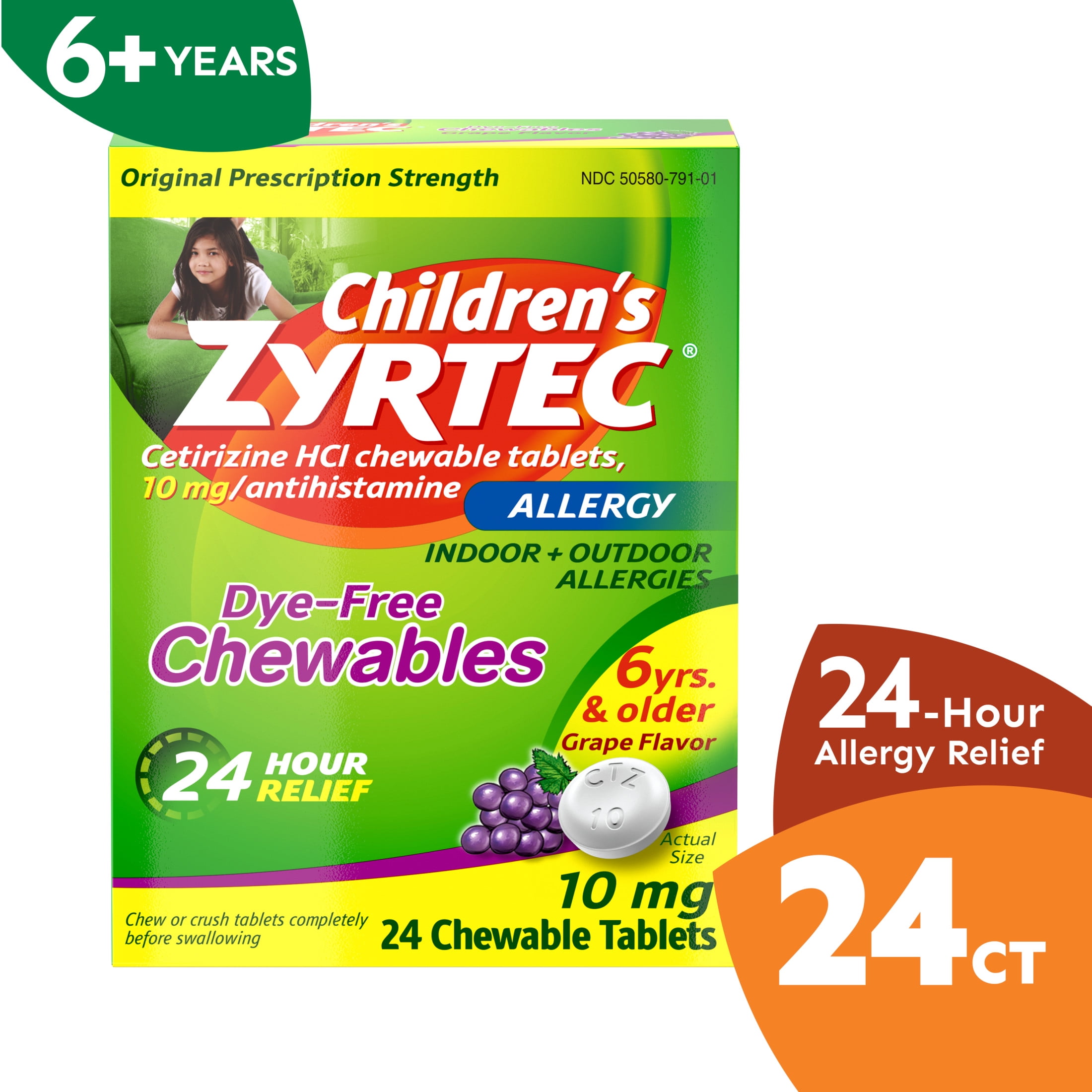 Zyrtec 24 Hour Children's Allergy Chews, 6+ yrs, 10 mg Grape, 24Ct