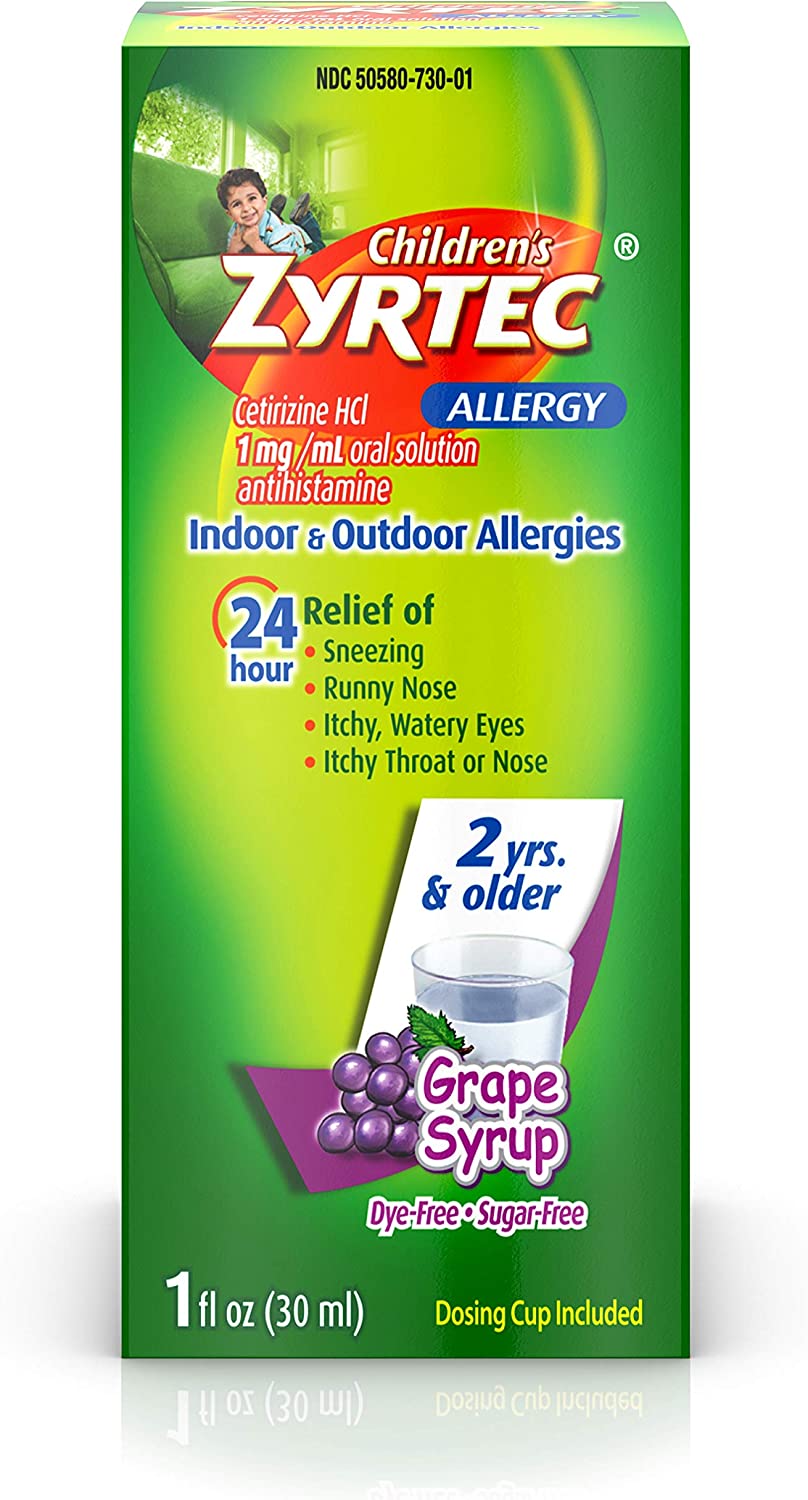 Zyrtec 24 Hr Children's Allergy Syrup with Cetirizine, Dye & SugarFree, Grape Flavor, 1 fl. oz