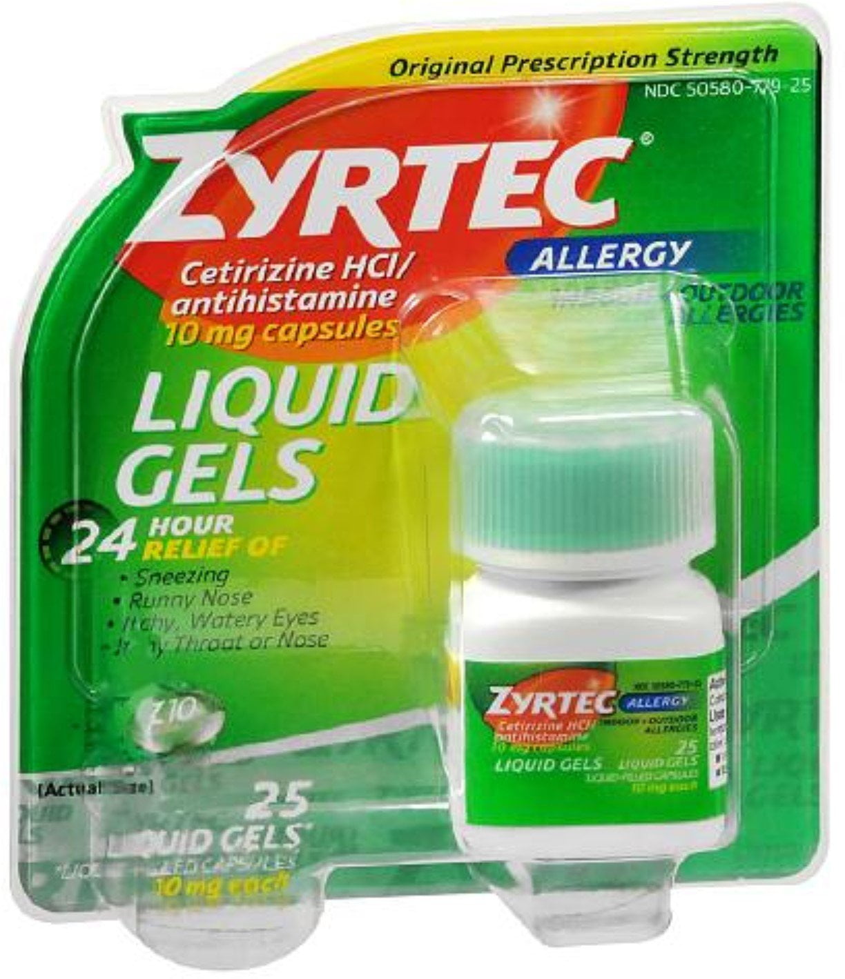 Zyrtec Ceterizine HCI 10mg 24Hr Allergy Relief Liquid Gels, 25 ct, 4 Pack