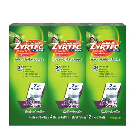 Zyrtec Childrens Allergy Relief Syrup, Grape Flavor, Sugar Free, 3 Pk, 4 fl oz