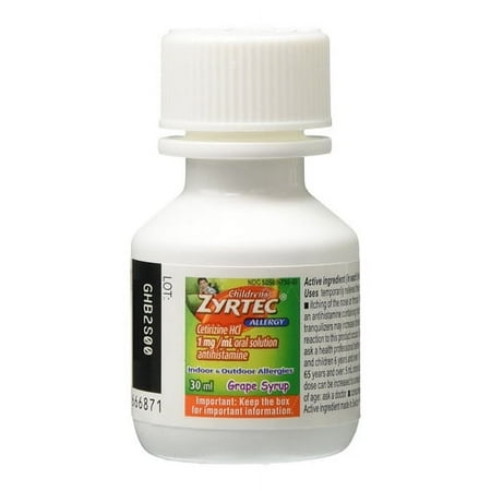 Zyrtec Childrens Allergy Syrup, Dye-Free, Sugar-Free Grape Flavor, 1 oz