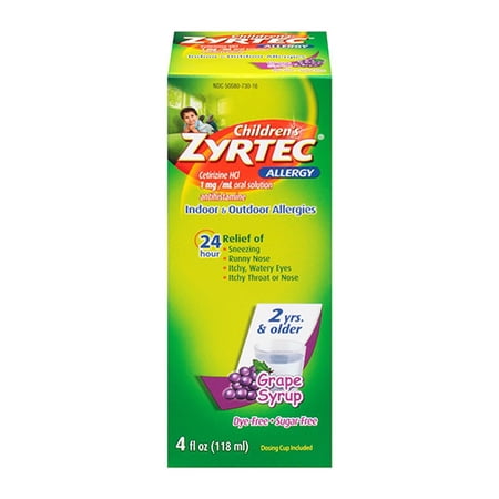 Zyrtec Childrens Allergy Syrup Grape Flavor, Sugar and Dye Free, For 2+ Years - 4 oz