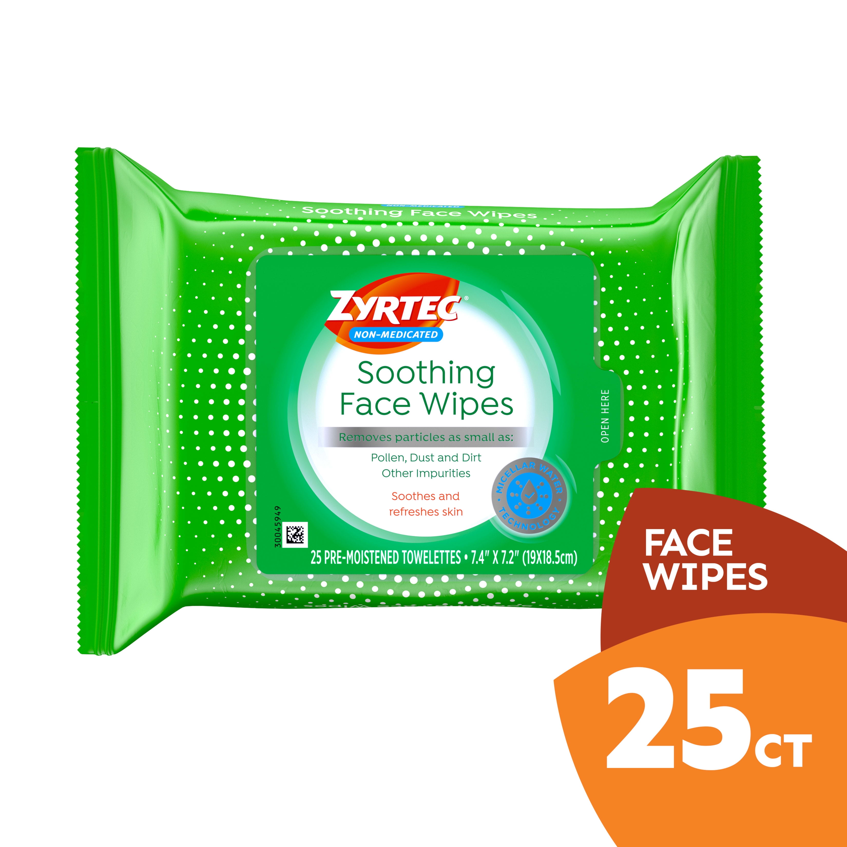 Zyrtec Soothing NonMedicated Face Wipes with Micellar Water, 25 ct