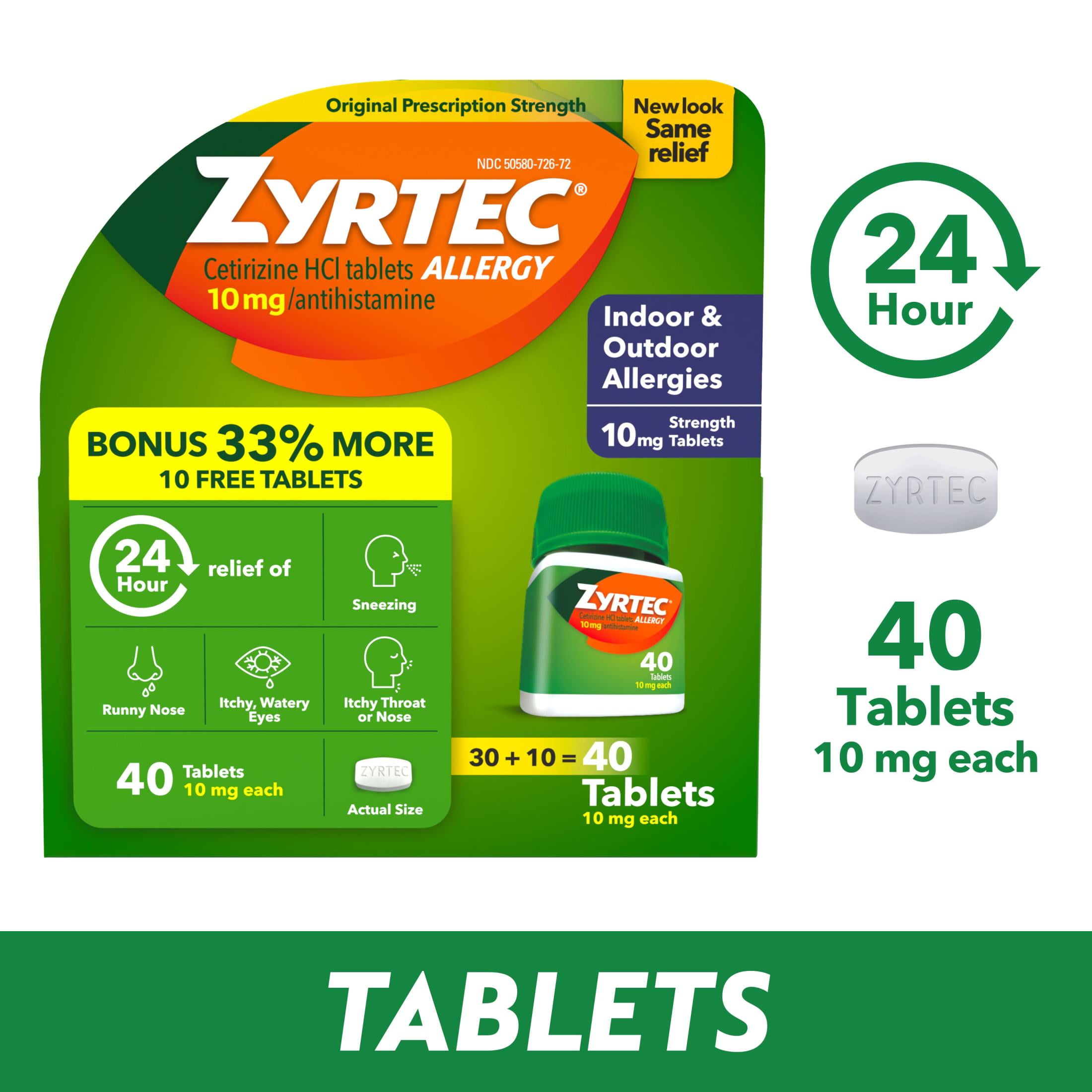 Zyrtec 24 Hour Allergy Relief Tablets, 40 Count Bonus Pack