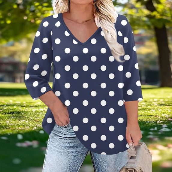Zysthvn 3/4 Sleeve Casual Tops for Women Summer Tunic Plus Size Polka Dot Womens Tshirts V-Neck Loose Fit Breathable