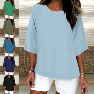 Zysthvn 3/4 Sleeve Womens Shirts Casual Tunic Plus Size Cotton Blend Womens T Shirts Lightweight Solid Crew Neck