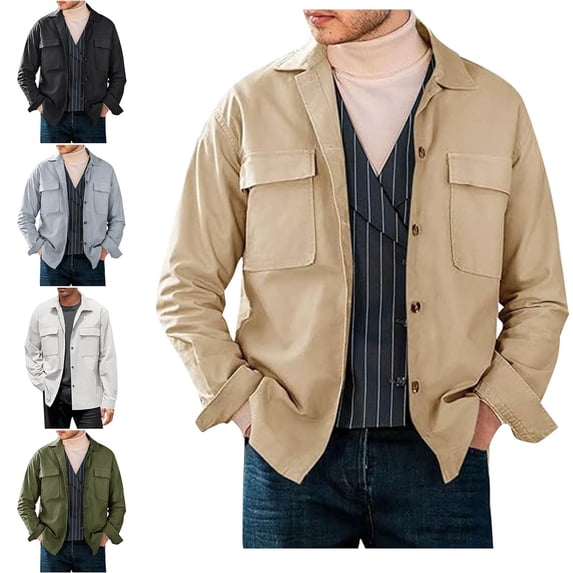 Zysthvn Athletic Mens Jackets Lightweight Cotton Fall Cargo Mens Outerwear with Pockets Solid Workwear Lapel Button