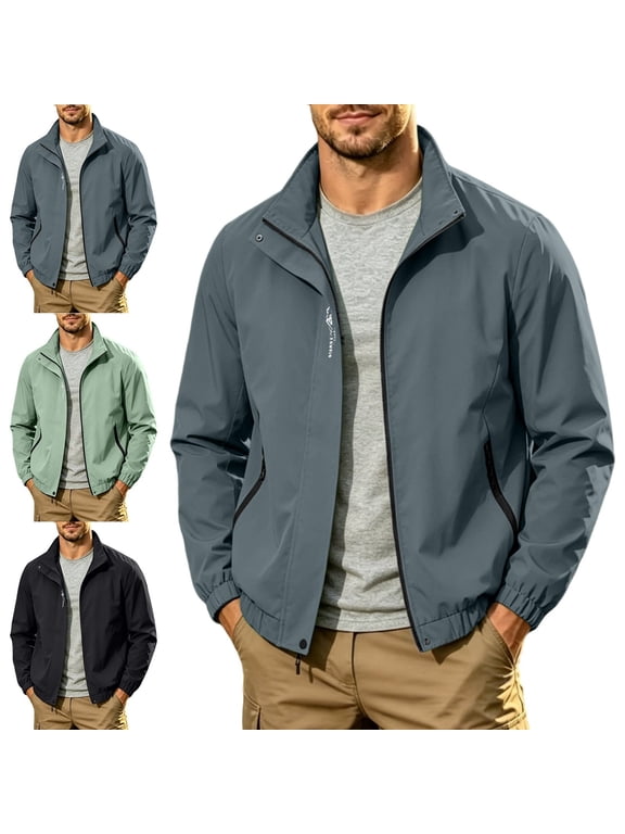 Athletic Mens Winter Jacket Full Zip Outdoor Lightweight Coats for Men Long Sleeve with Pockets Stand Collar Solid