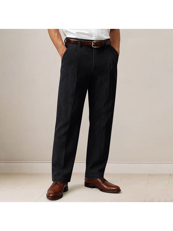 Business Men Pants Casual Winter Straight Leg Corduroy Mens Trousers Daily Wear Solid with Pockets Breathable Button Pants, Black 30