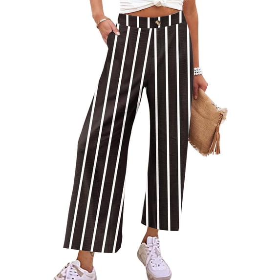 Zysthvn Capris for Women High Waist Casual Wide Leg Striped Cropped Pants Pants for Women with Pockets Lightweight Loose