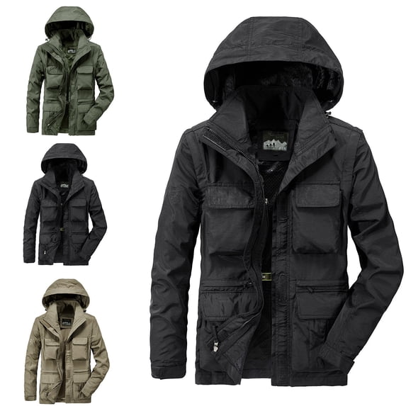 Zysthvn Cargo Jackets for Men Winter Hooded Casual Fall Lightweight Coats for Men Long Sleeve Outdoor Lapel with Pockets Solid