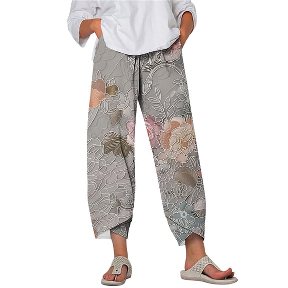 Zysthvn Casual Capri Pants Women Floral Wide Leg Boho Cropped Pants Elastic Waist Pants for Women with Pockets Lightweight Loose