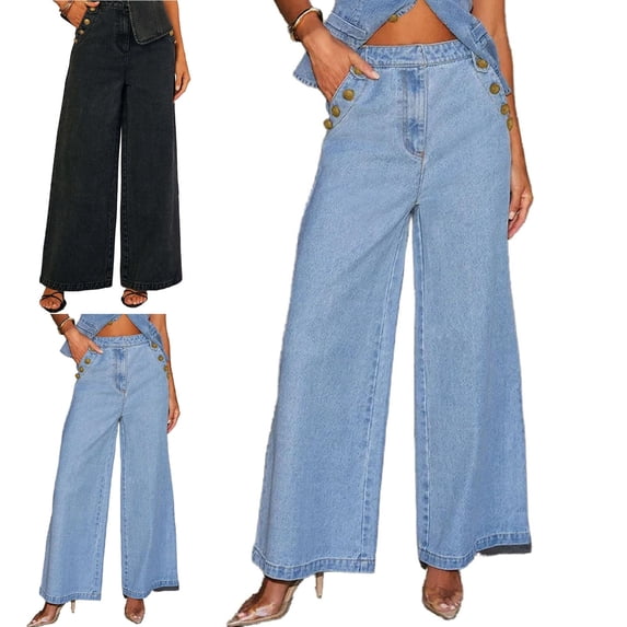 Zysthvn Casual Denim Jeans for Women Fall High Waist Wide Leg Womens Tall Pants Solid Button Loose Fit with Pockets Trousers