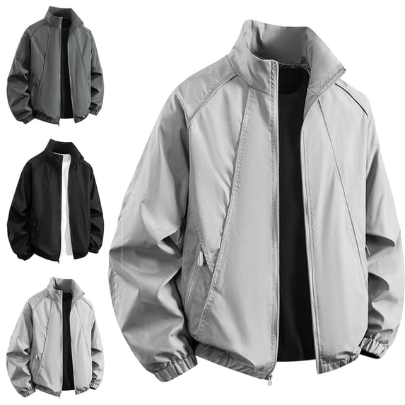 Zysthvn Casual Jackets for Men Winter Lightweight Outdoor Full Zip Coats for Men Workwear with Pockets Long Sleeve Solid Stand Collar