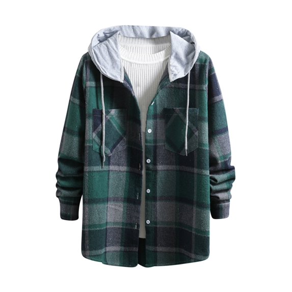Zysthvn Casual Jackets for Men with Hood Plaid Outdoor Winter Lightweight Mens Sport Coat Hooded with Pockets Hiking Button