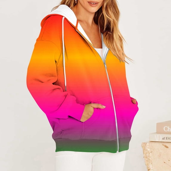 Zysthvn Casual Jackets for Women Hooded Long Sleeve Fall Full Zip Womens Coat Jacket with Pockets Gradient Loose Fit Tops