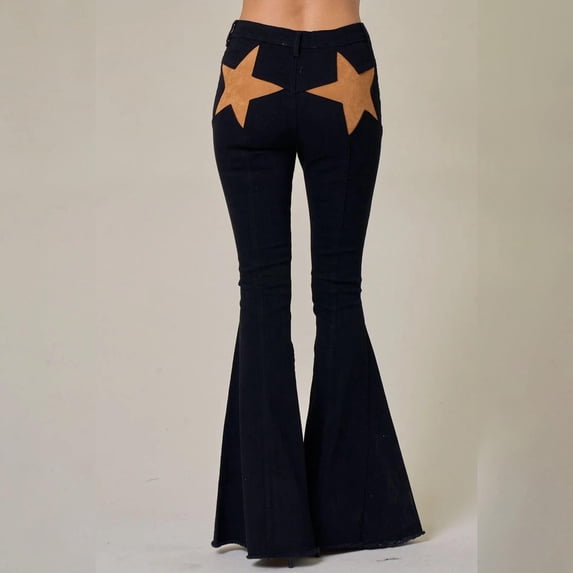 Zysthvn Casual Jean Pants for Women Star Print Denim High Waisted Flared Womens Trouser Pants Loose with Pockets Stretch Button Pants