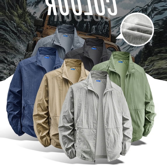 Zysthvn Casual Mens Lightweight Jackets Outdoor Full Zip Fall Mens Outerwear Solid with Pockets Sun Protection Hiking Quick Dry