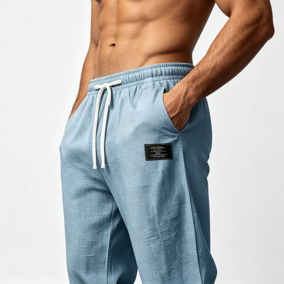 Zysthvn Casual Mens Pants Beach Straight Leg Breathable Winter Mens Trousers Drawstring Elastic Waist Lightweight with Pockets Solid Pants, Light Blue S