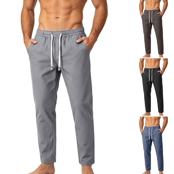 ZORYEVY Casual Mens Pants Fall Straight Leg Cotton Plus Size Trousers for Men Drawstring Elastic Waist Solid Breathable Pants with Pockets
