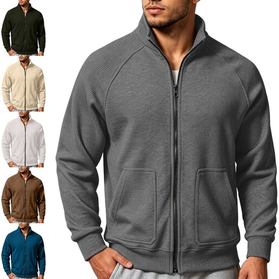 Zysthvn Casual Sweatshirts for Men Long Sleeve Full Zip Fall Jackets Stand Collar Solid Ribbed with Pockets Tops