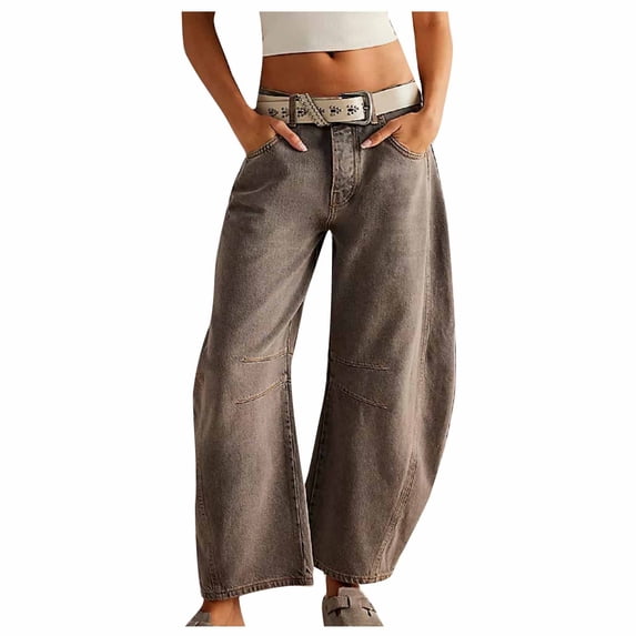 Zysthvn Casual Work Jeans for Women Denim Low Rise Wide Leg Trousers for Women Pants Loose Solid Vintage with Pockets Button Pants