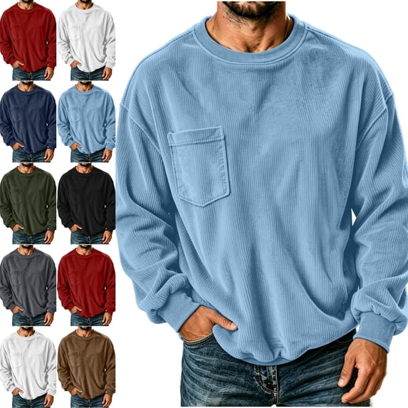 Zysthvn Corduroy Mens Sweatshirts with No Hoods Long Sleeve Athletic Pullover Winter Sweatshirts for Men Crewneck Solid with Pockets Lightweight Mens Tops