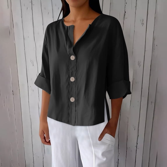 Zysthvn Cotton Blend Women's Tops Casual Summer Plus Size 3/4 Sleeve Blouse Tops for Women Loose Fit Button V-Neck Solid