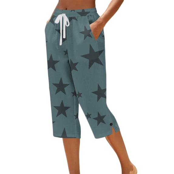 Zysthvn Cotton Capris for Women Straight Leg Casual Summer Womens Cropped Pants Star Print Button with Pockets Loose Drawstring