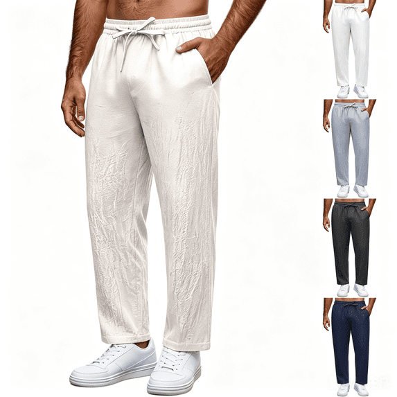 ZORYEVY Cotton Mens Pants Winter Casual Straight Leg Plus Size Trousers for Men Lightweight Solid with Pockets Elastic Waist Drawstring Pants