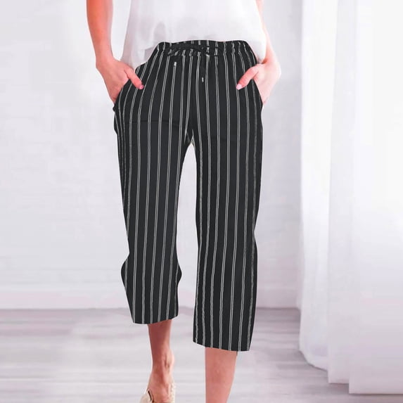 Zysthvn Cropped Casual Capri Pants for Women Summer Striped Straight Leg Women Pants Drawstring Loose with Pockets Elastic Waist