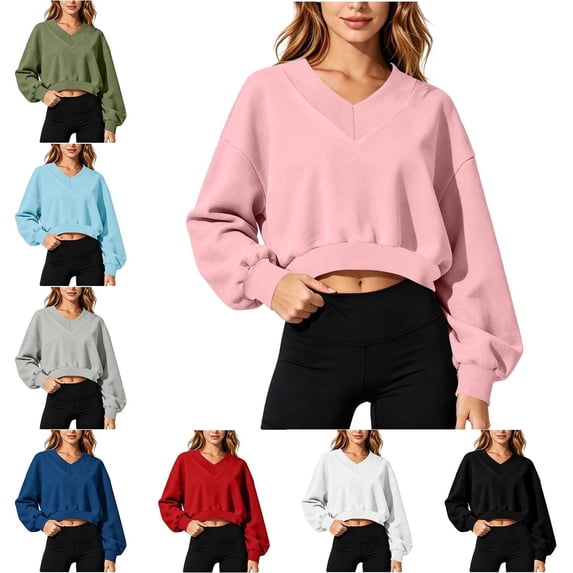 Zysthvn Cropped Sweatshirt Women Pullover Casual Winter Long Sleeve Crewneck Loose Fit Solid Sweatshirts for Women Tops